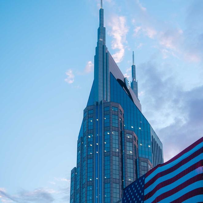American flag and Batman Building