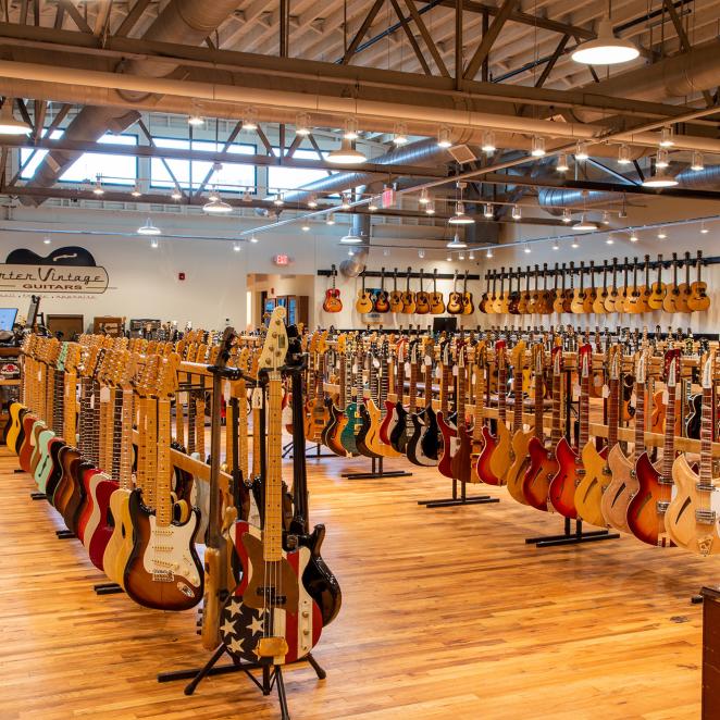 Rows of guitars at Carter Vintage Guitars in Nashville