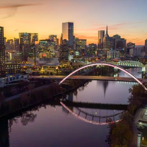 Nashville Skyline with Korean Veterans Bridge at Sunset