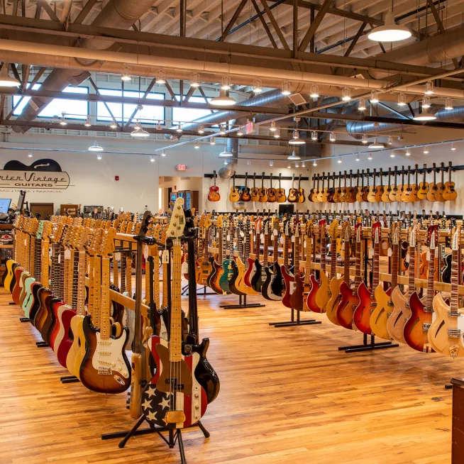 Rows of guitars at Carter Vintage Guitars in Nashville