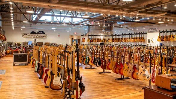 Rows of guitars at Carter Vintage Guitars in Nashville